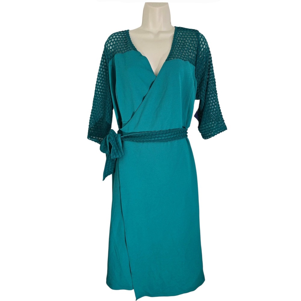 KIYONNA Teal Wrap Mesh‎ Sleeve Sheath Dress Made in USA Size 2